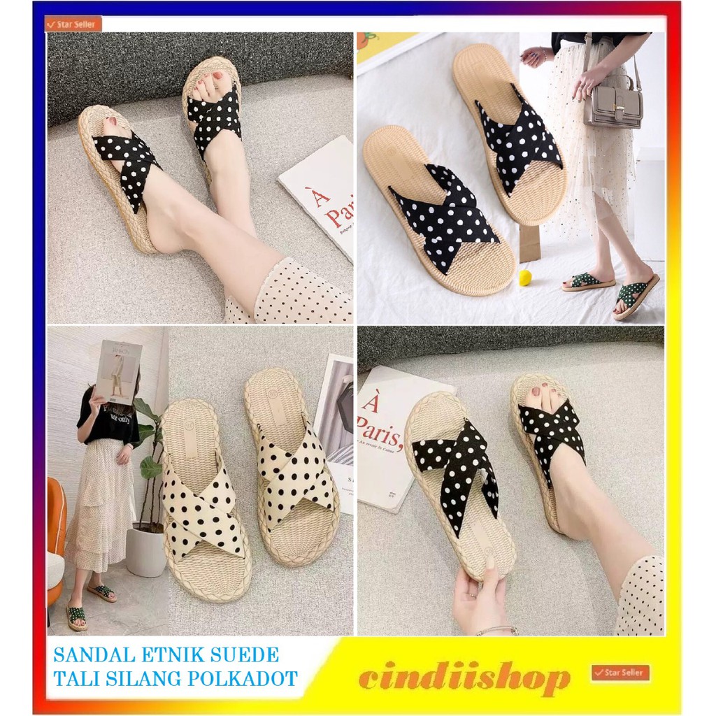 Jual Sandal Wanita Tali Silang Polkadot Motif Press Etnik Suede Sendal