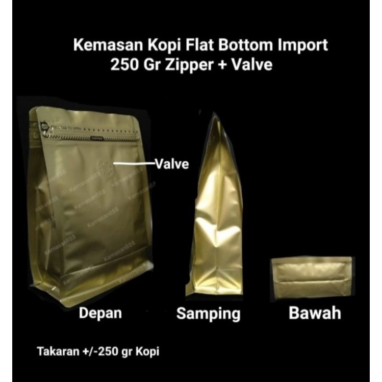 Jual Kemasan Kopi Flat Bottom Import 300 Zipper Valve Standing Pouch