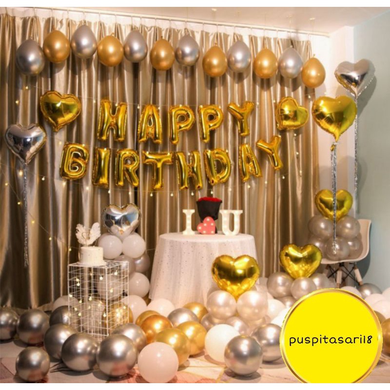 Jual Paket Led Set Balon Dekorasi Happy Birthday Tema Gold Love