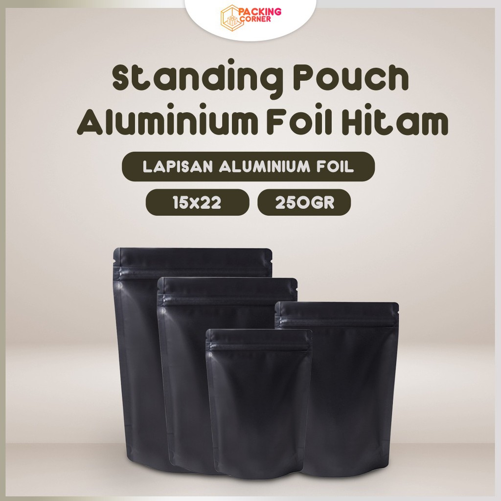 Jual Standing Pouch Hitam Kertas 15x22 Cm Aluminium Foil Zipper