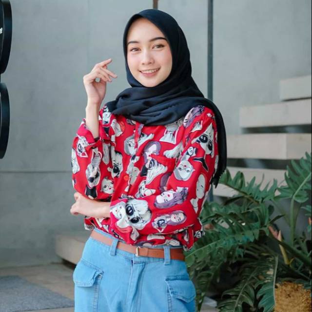 Jual Kemeja Retro Kemeja Wanita Motif Wajah Lengan Panjang Kemeja