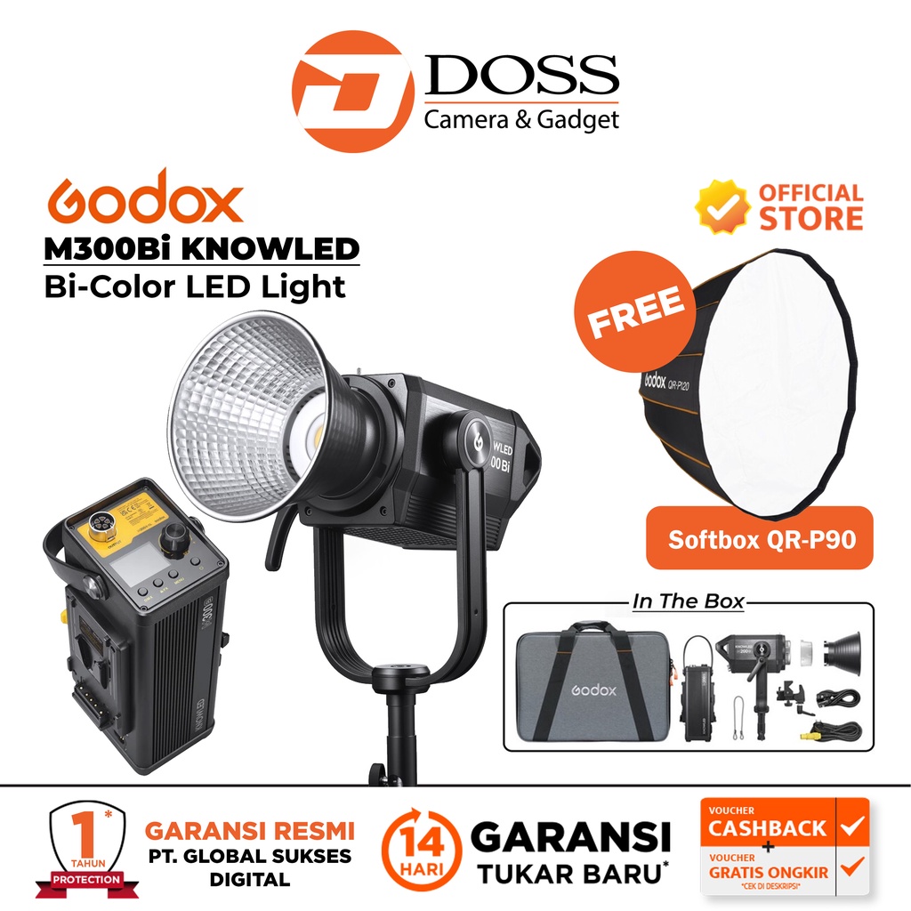 Jual Godox M300Bi Daylight LED FREE QR P90 QR P120 Parabolic Softbox