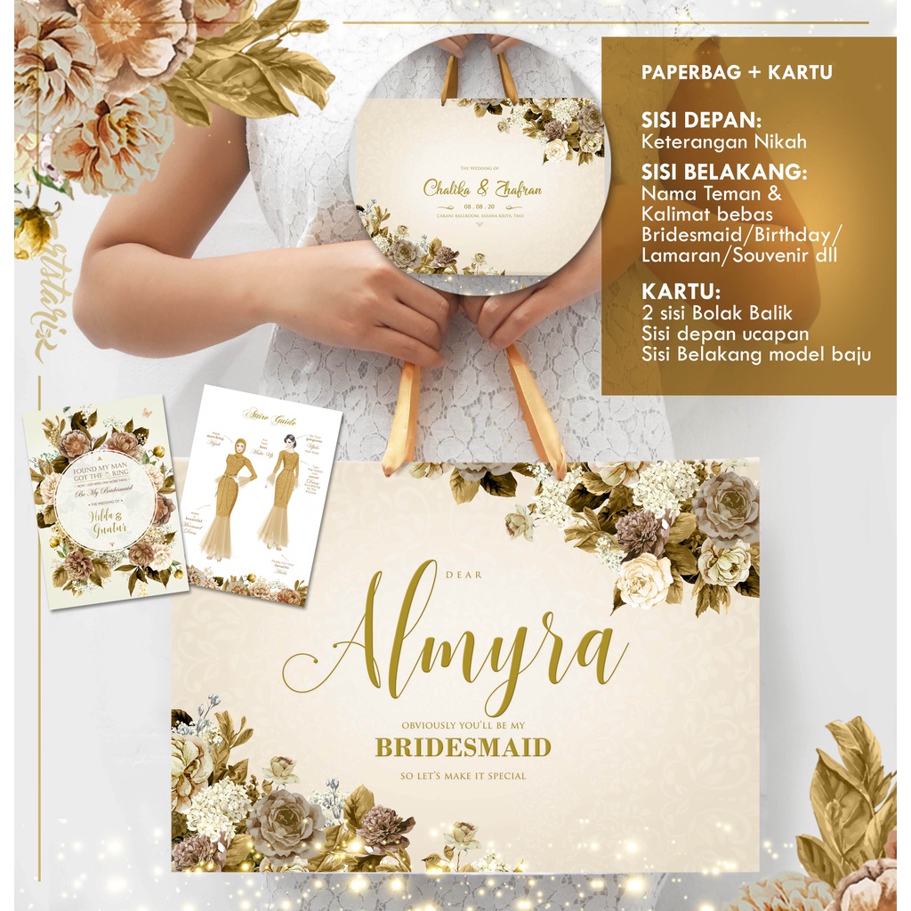 Jual Paperbag Bridesmaid GOLD FLOWER BUNGA EMAS COKLAT ELEGANT SIMPLE