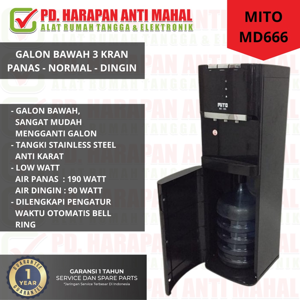 Jual Dispenser Galon Bawah Mito MD666 3 Kran Panas Normal Dingin