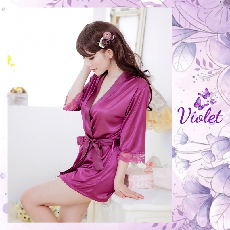 Jual Violet Lingerie Baju Tidur Sexy V Neck Satin Kimono Pakain Dalam