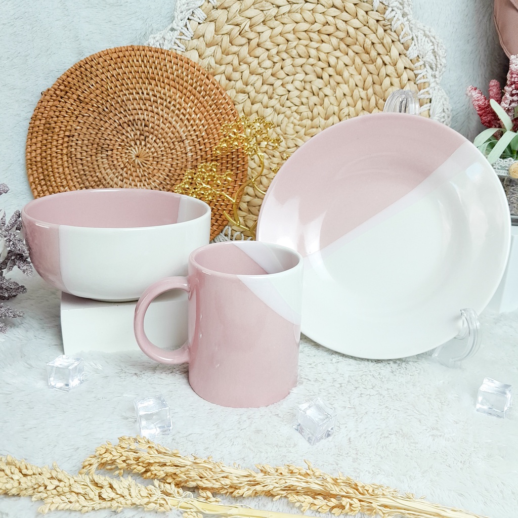 Jual Mangkok Piring Mug Twotone Set Two Tone Warna Cantik Mewah