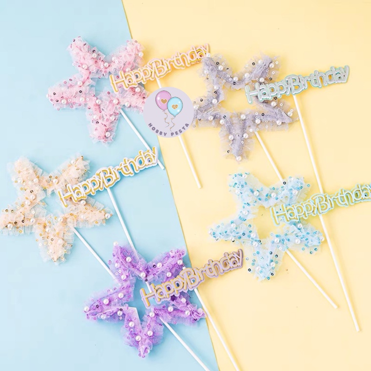 Jual Cake Topper Happy Birthday Motif Bintang Mutiara Tusukan Hiasan