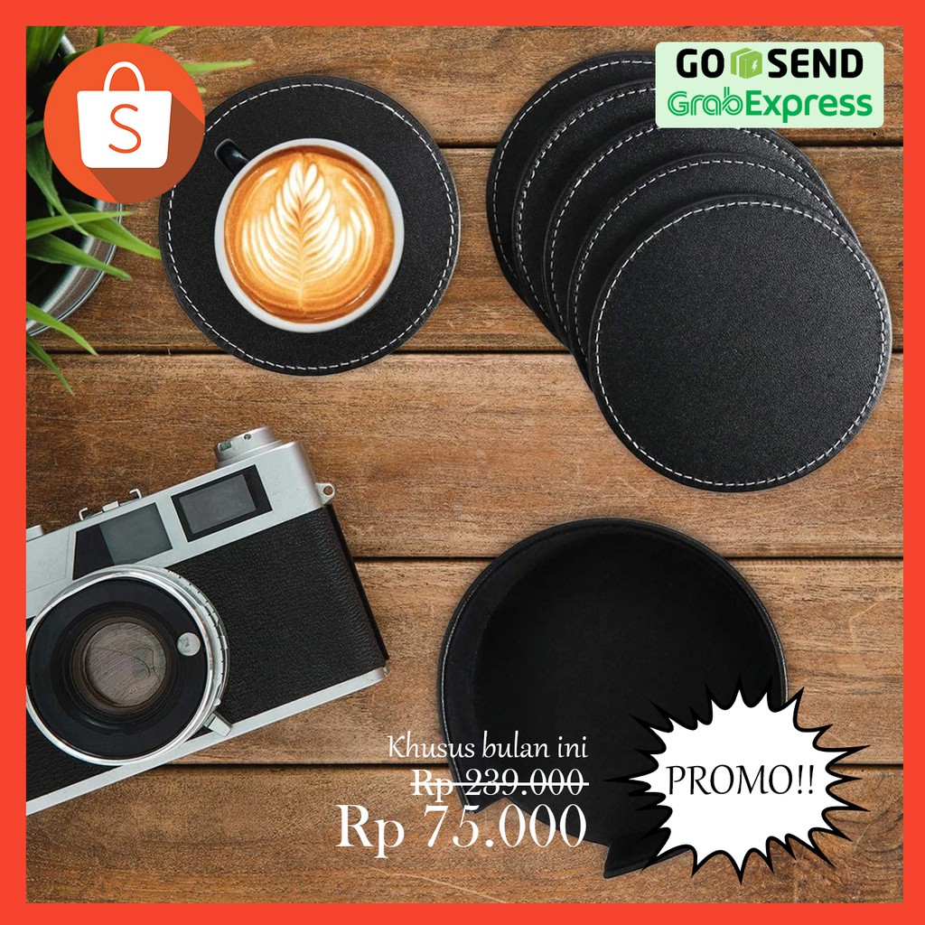 Jual Promo Tatakan Gelas Bahan Kulit Hitam Black Leather Coasters