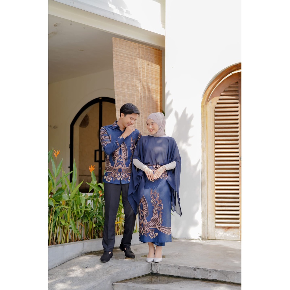 Jual SET BATIK COUPLE KINAN NAVY KEMEJA BATIK ROK BATIK DAN SLENDANG