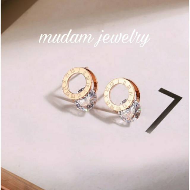 Jual Anting Titanium Stud Model Ring Angka Romawi Dengan Batu Zirkon