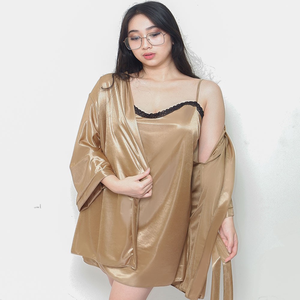 Jual AZ 146 FLV Lingerie Satin Kimono Set Gold Big Size Jumbo Xxl Wik