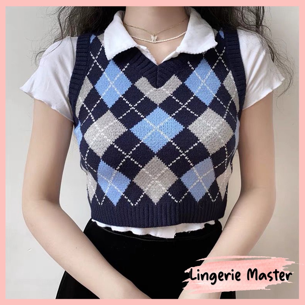 Jual Lingerie Master T V Neck Rompi Rajut Kotak Kotak Wanita