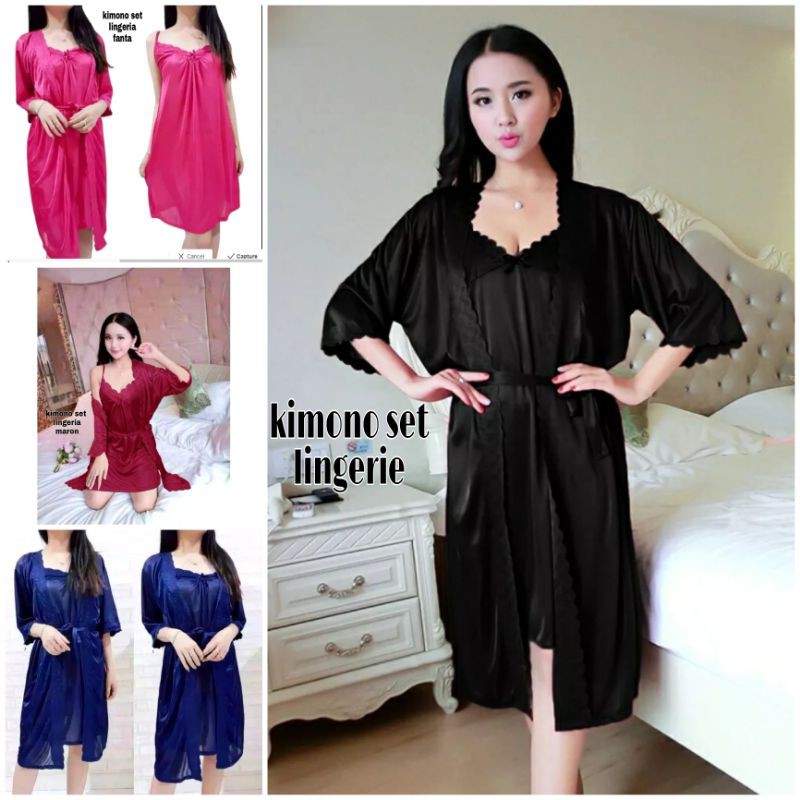 Jual Baju Tidur Kimono Set Lingerie Tricot In Satin Import Shopee
