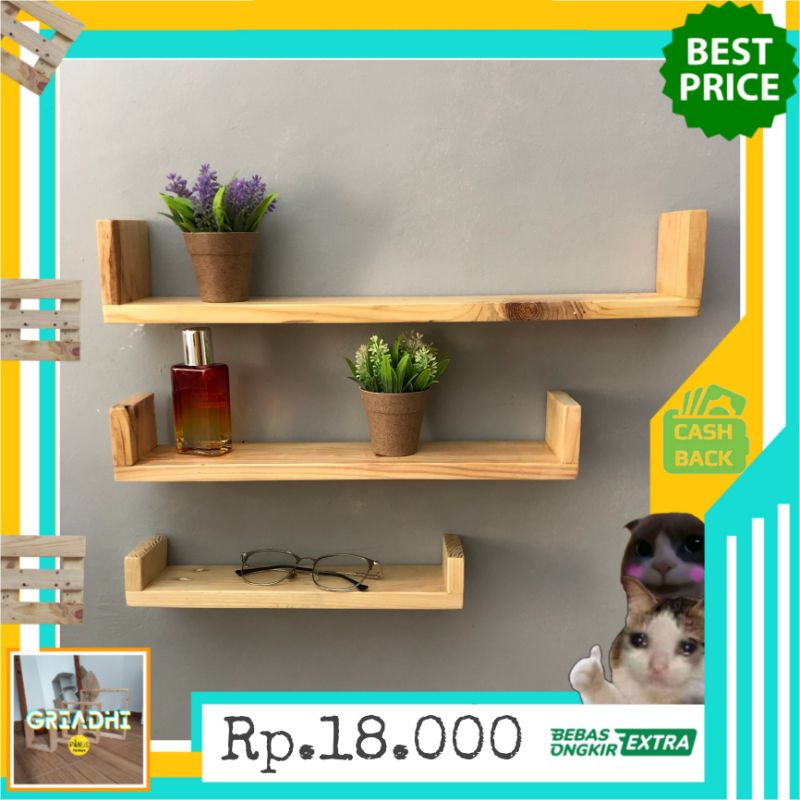 Jual Ambalan Kayu Model C Floating Shelf Natural Rak Dinding Kayu