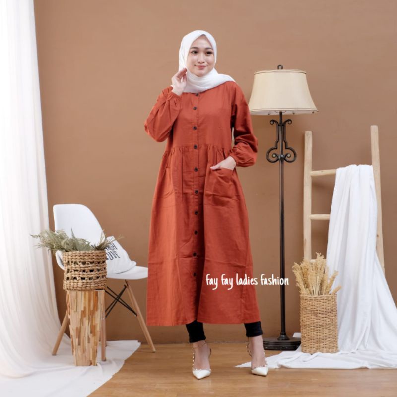 Jual Midi Dress Polos Katun Linen Rami Premium Pocku Midi Dress Katun