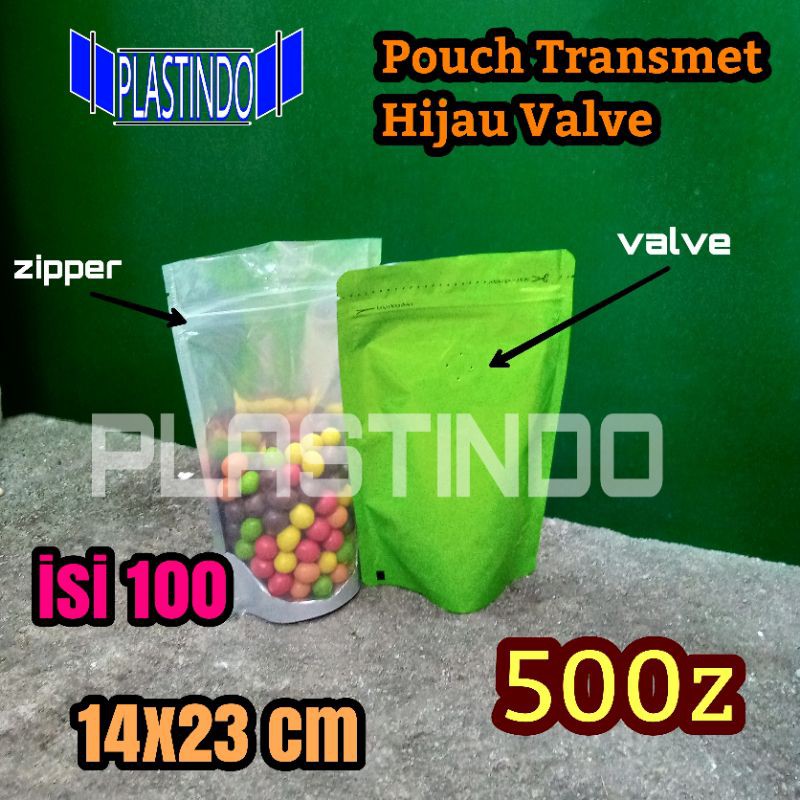 Jual Isi 100 Pcs Standing Pouch Transmet Hijau Valve 500z Kemasan Kopi