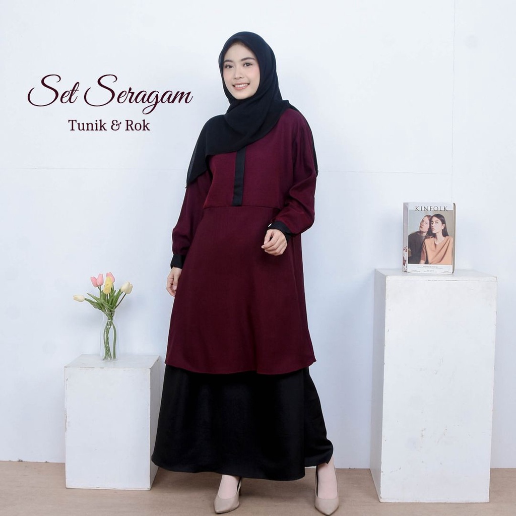 Jual Delia One Set Polos Setelan Hitam Putih Tunik Rok Size S M L