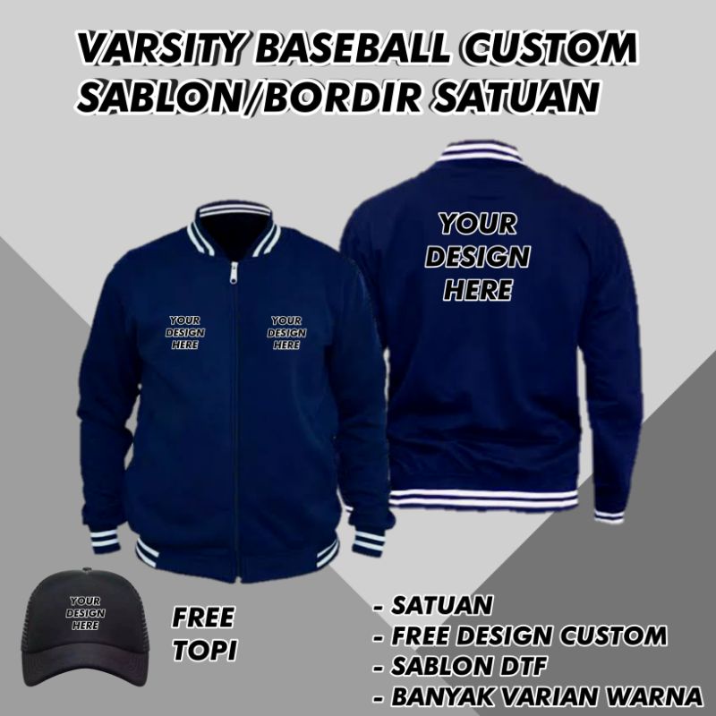 Jual Jaket Varsity Baseball Zipper Design Custom Sablon Bordir Satuan