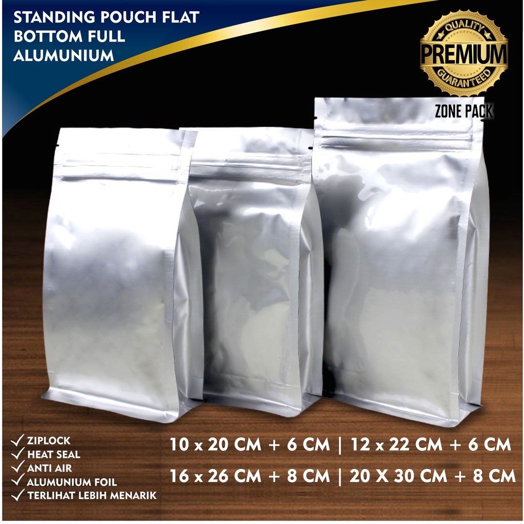 Jual Standing Pouch Flat Bottom Full Aluminium Foil Kemasan Kopi