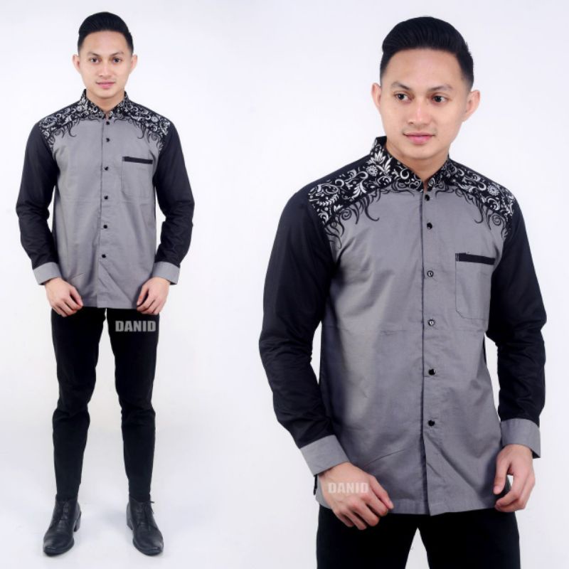 Jual Kemeja Batik Kombinasi Bordil Lengan Panjang Pria Modern Baju Koko