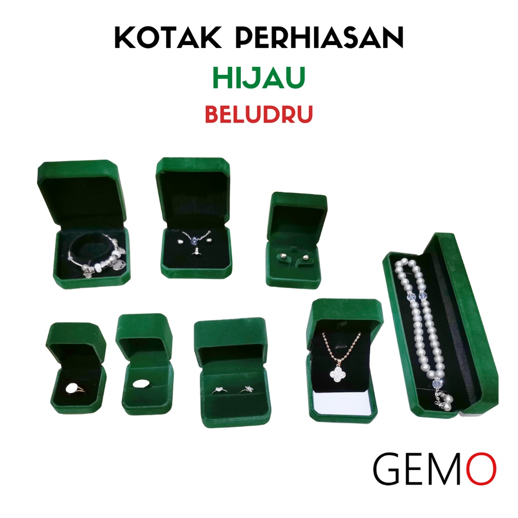 Jual Kotak Perhiasan Warna Hijau Zamrud Beludru Set Cincin Liontin