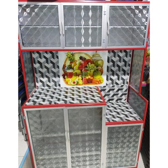 Jual Lemari Rak Piring Magic Kaca Keramik 3 Pintu Aluminium Tiang