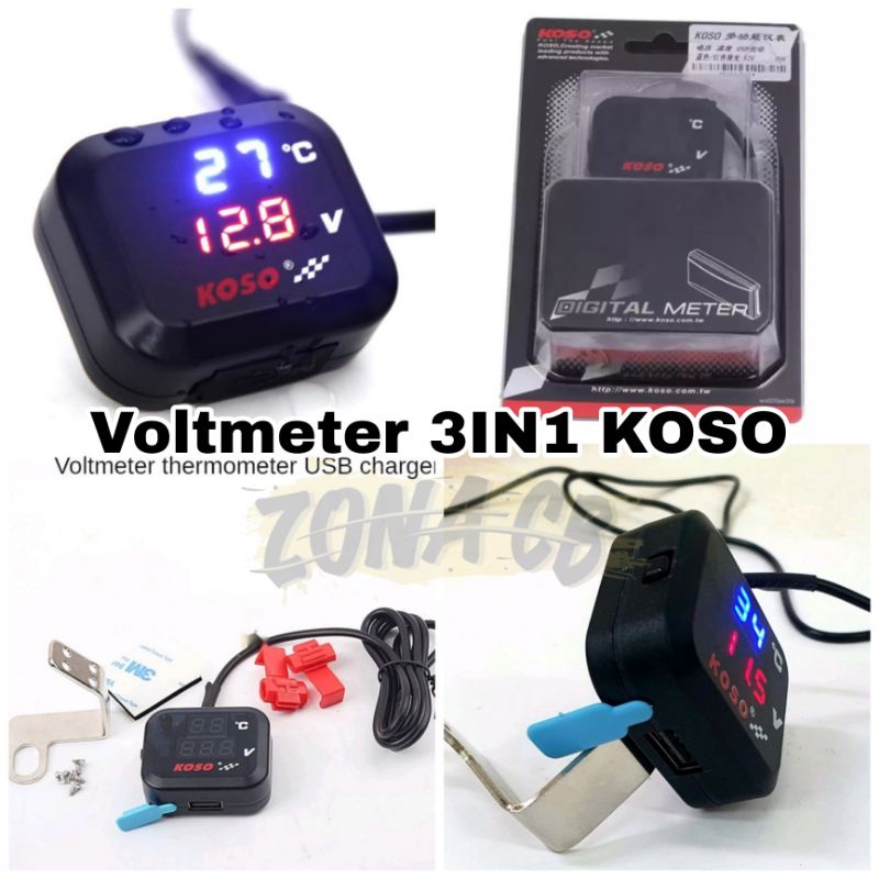 Jual Voltmeter 3 In 1 Koso Usb Anti Air Original Termometer Volmeter