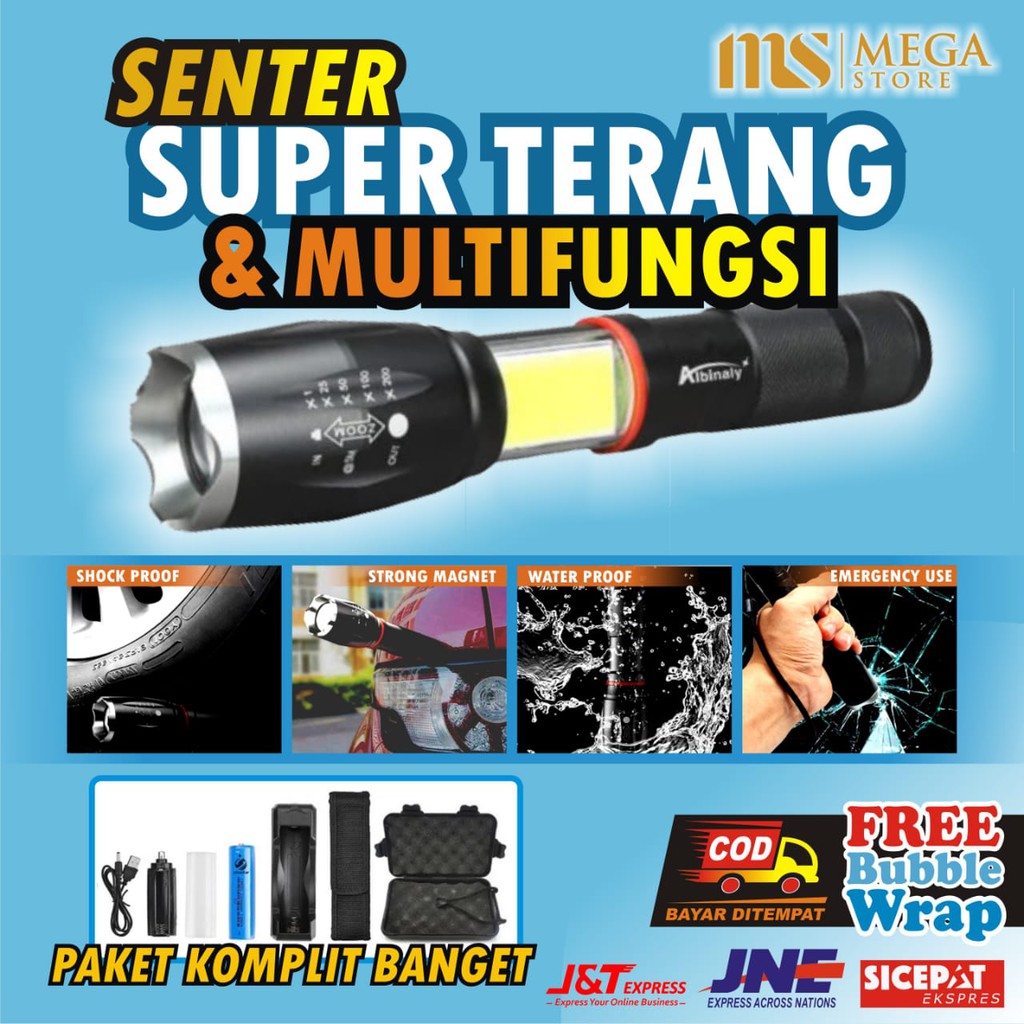 Jual PAKET Senter Led Super Terang Jarak Jauh Lampu COB 8000 Lumens