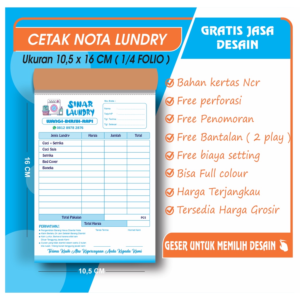 Jual Nota Custom Laundry 2 Play Ukuran 1 4 Folio 10x16 Cm Nota