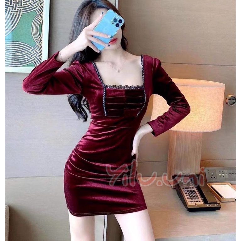 Jual Md Mini Dress Velvet Bludru Bodycon Lengan Panjang Leher