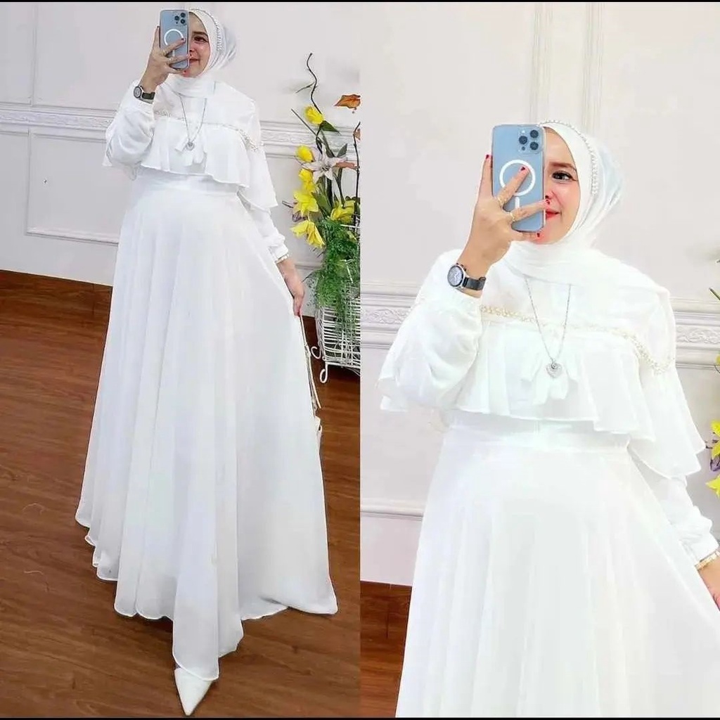 Jual Gamis Muslim Wanita Maxi Dress Putih Bahan Ceruty Babydoll Untuk