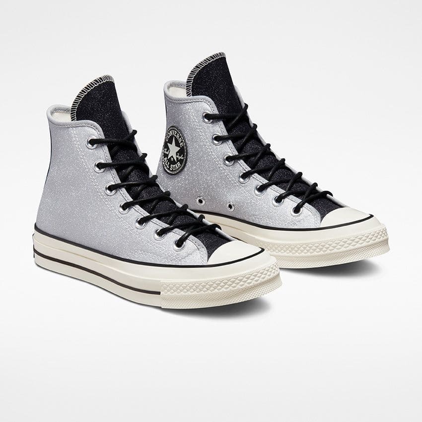 Jual Sepatu Sneakers Wanita CONVERSE Chuck 70 High Glitter Silver Black