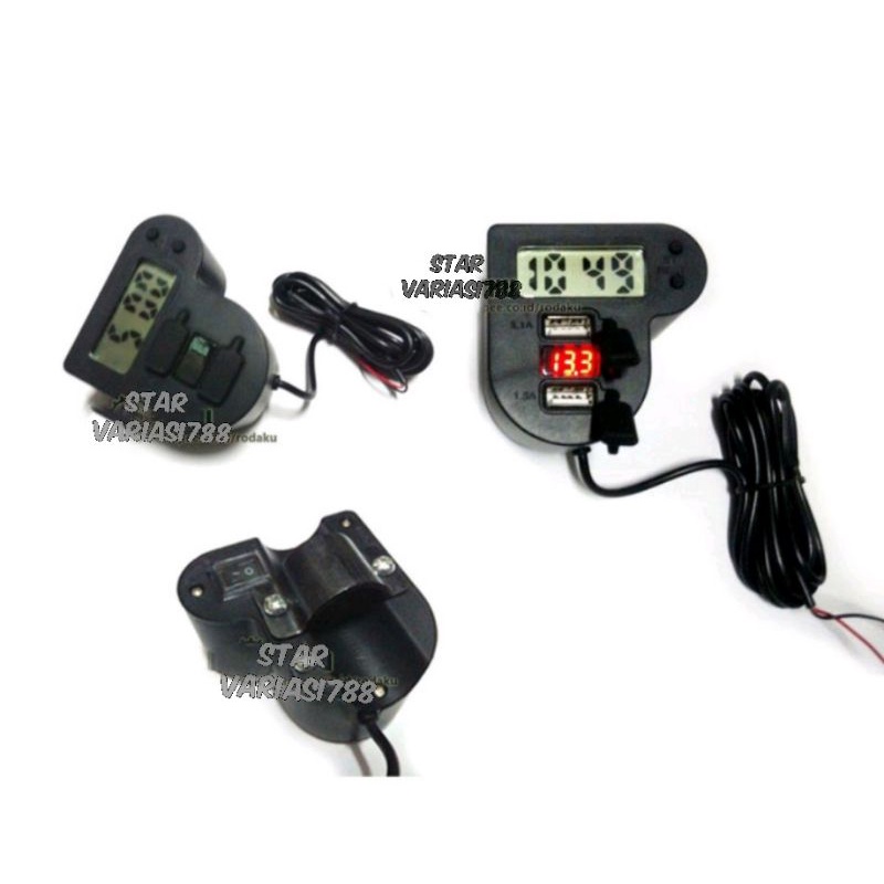 Jual Voltmeter 3in1 Jam Digital Charger HP Plus Bracket Stang Motor