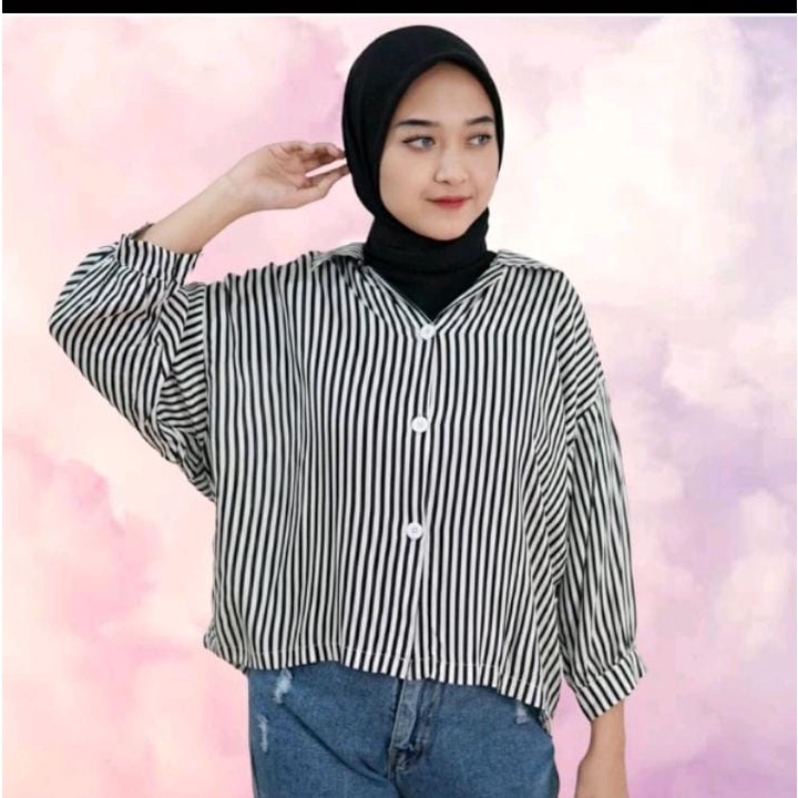 Jual Kemaja Wanita Lengan Panjang Salur Kameja Cewek Garis Garis