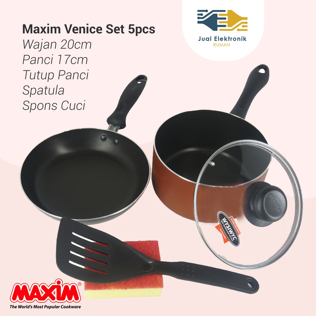 Jual Maxim Venice Set Panci Tutup Kaca Wajan Spatula Sponge 5pcs