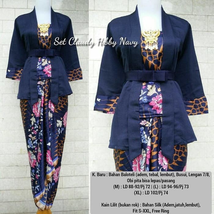 Jual Setelan Kebaya Modern Elnira Set Kebaya Kutubaru Combi Navy Dan