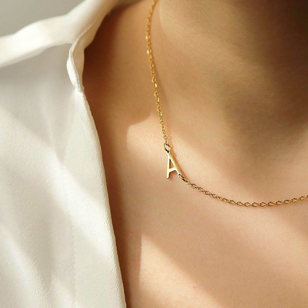 Jual Sideways Initial Alphabet Letter Necklace 18K Gold Plated