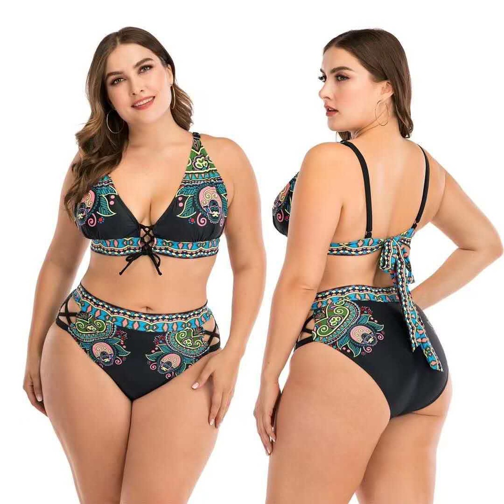 Jual Bikini Baju Renang Jumbo Big Size Wanita Mid Waist Black Motif