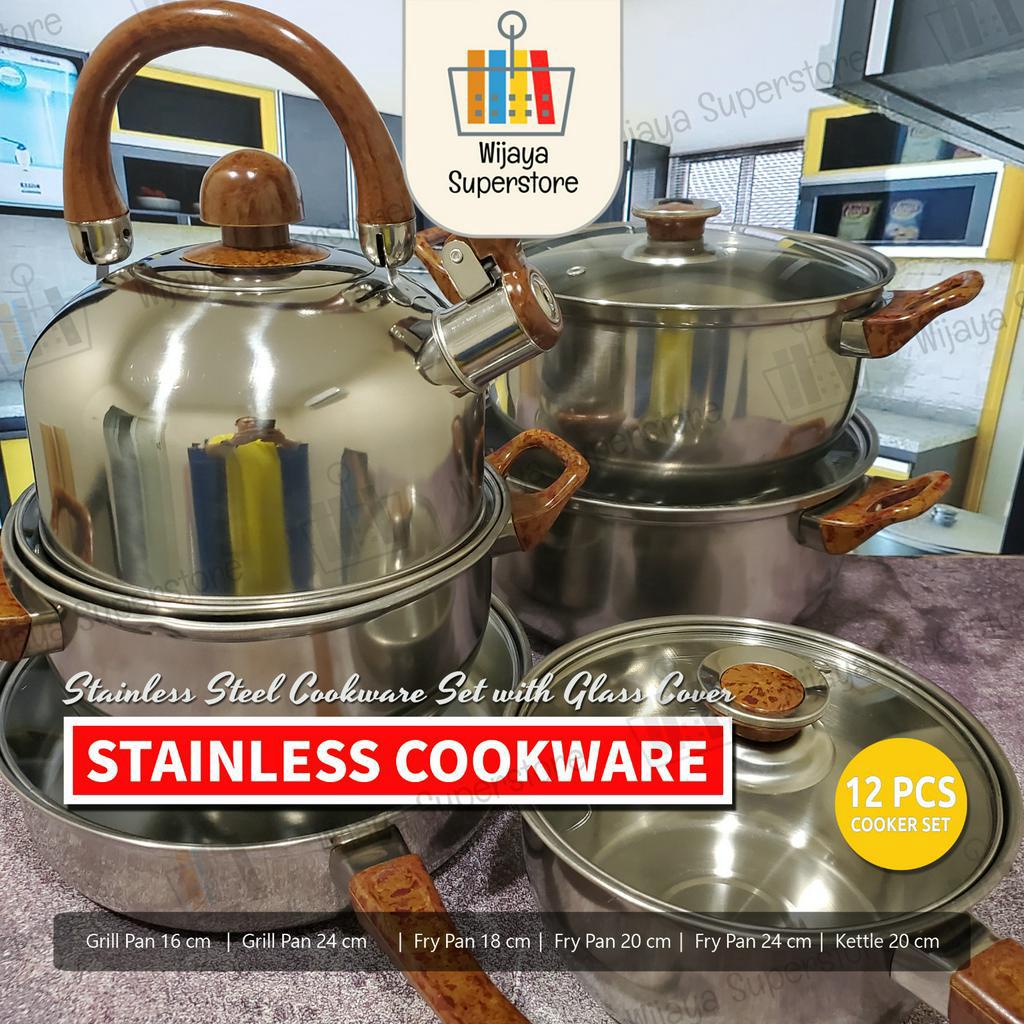 Jual Panci Stainless Set 12 Pcs Gagang Kayu Tutup Kaca Cookware Panci