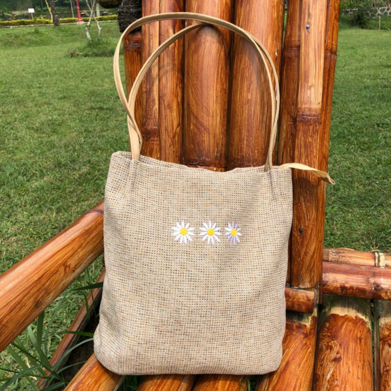 Jual Totebag Daisy Bordir Tas Wanita Mini Tote Bag Kanvas Tali Kulit