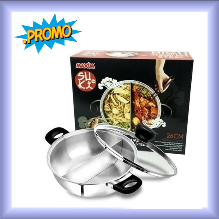 Jual Maxim Panci Shabu Shabu Suki Pan Sekat 2 Sisi 26 CM Tutup Kaca