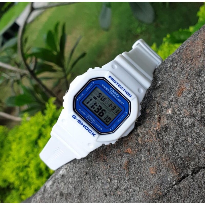 Jual Jam Tangan Pria Gshock DW 5600 Rubber White Blue Original BM