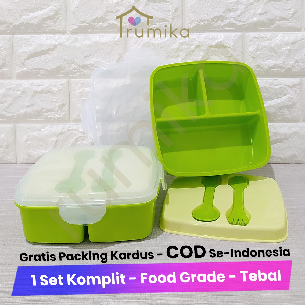 Jual Lunch Box Kotak Makan Sekat 3 Dengan Sendok Garpu Plastik Golden