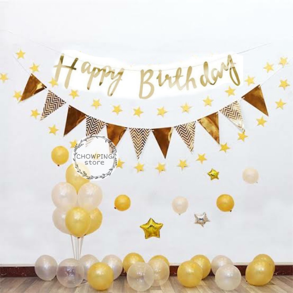 Jual Paket Dekorasi Hiasan Balon Ulang Tahun Happy Birthday Tema Gold