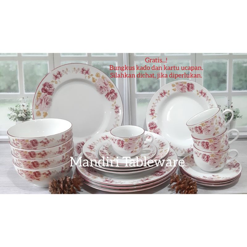 Jual Piring Set Keramik Dinner Set Motif Pink Rose Isi 20 Pcs