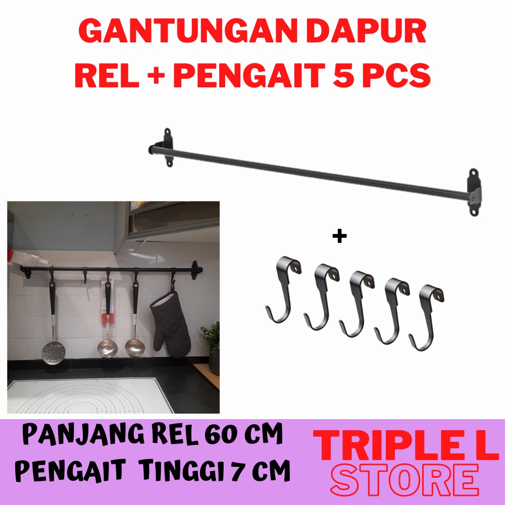 Jual Gantungan Dapur Dinding Serbaguna Panci Rel 60 Cm HOOK 5 Pcs