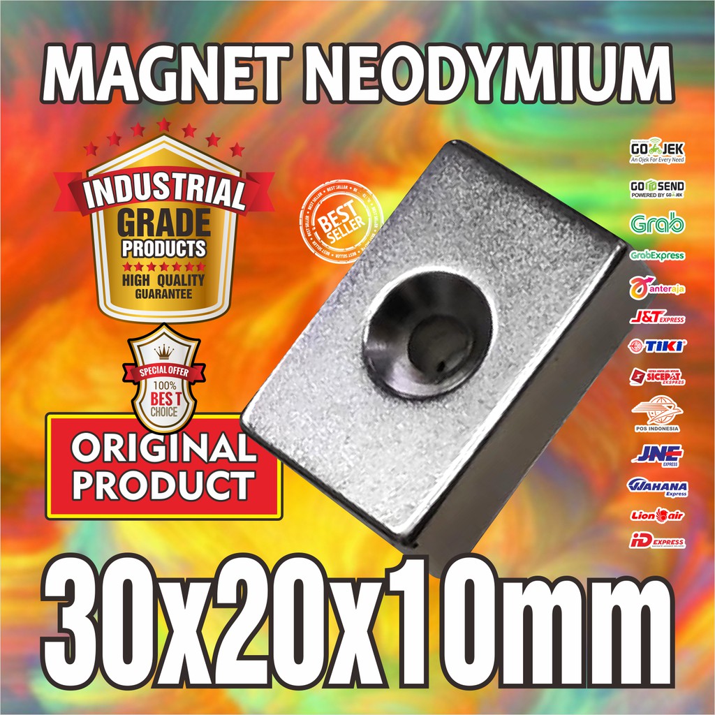 Jual MAGNET NEODIMIUM PERSEGI 30x20x10mm 30 X 20 X 10 Mm HOLE 6mm