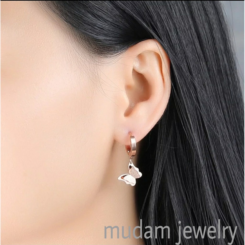 Jual Anting Titanium Kupu Kupu Juntai Untuk Wanita Fashion Warna Rose