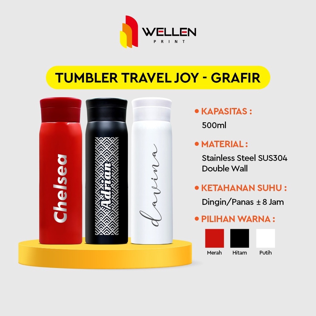 Jual WELLEN PRINT Tumbler Travel Joy Grafir Custom Nama Cetak Botol