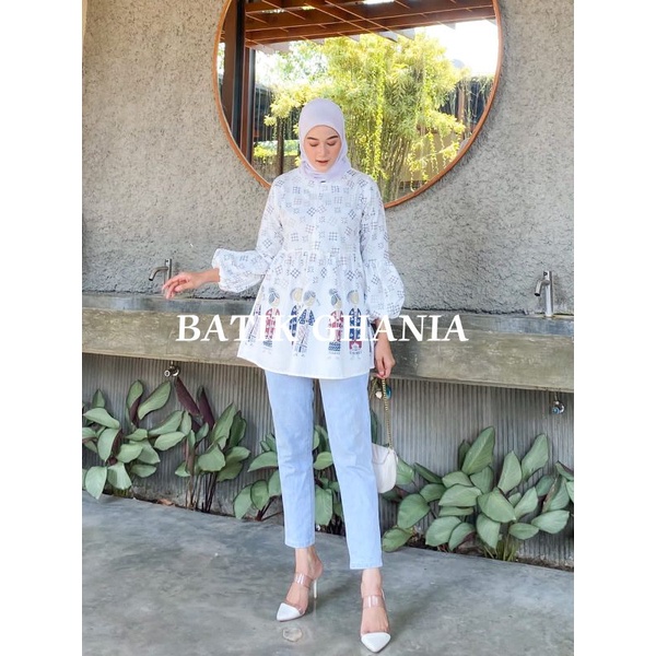 Jual Blouse Terbaru Atasan Batik Wanita Lengan Balon Resleting Depan